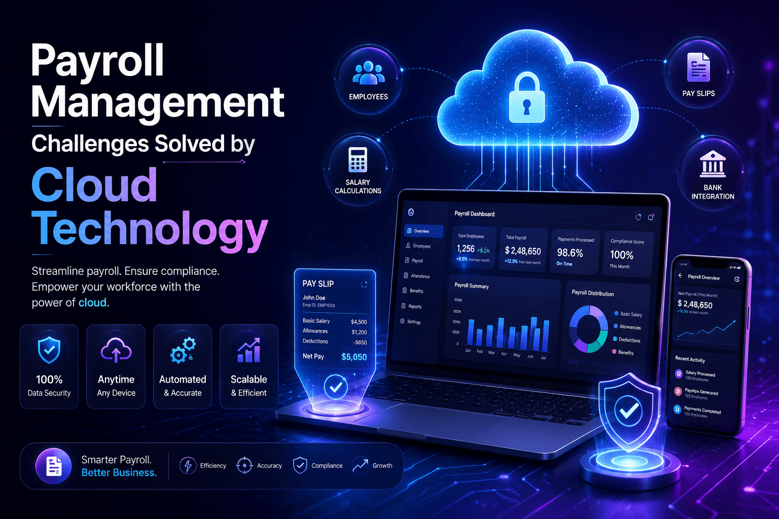 Promotional banner for cloud-based payroll management: large 'Payroll Management' text with a glowing cloud, laptop dashboard and mobile app analytics.