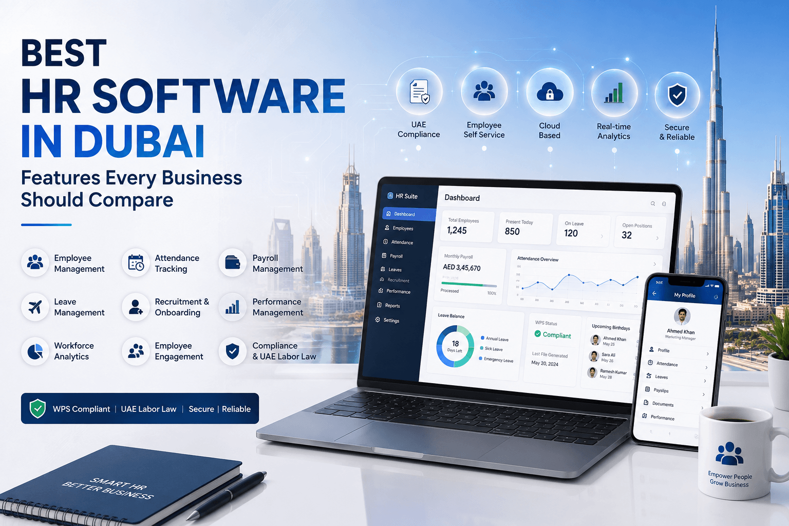Promo image for HR software in Dubai featuring a laptop dashboard and mobile app with Dubai skyline in the background.