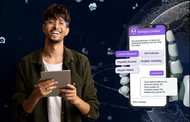 Young man smiling while holding a tablet next to a floating chatbot interface displaying HR options and balance details.