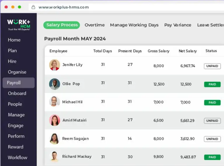 Dashboard view of a payroll page showing May 2024 salaries, with a left navigation menu and a table listing employees, days worked, hours, salaries, and status (PAID/UNPAID).