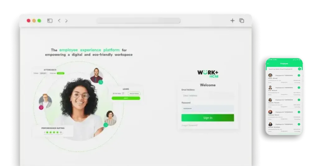 Desktop mockup of the WORK+ HCM login page: circular graphic with a smiling woman on the left and a green Sign in button beside email/password fields on the right; a mobile device shows an employee list beside it.